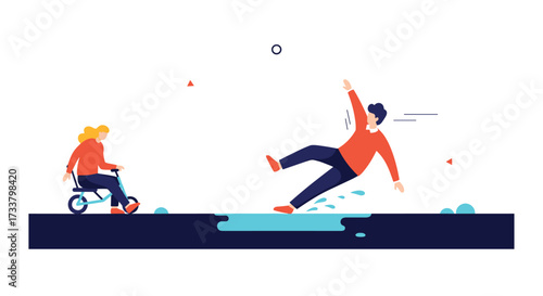 A person falls into a puddle while another person in a wheelchair looks on.