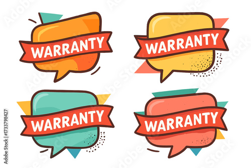 Retro warranty badge collection. Hand drawn vector guarantee tags. Geometric speech bubble banners for product quality. Set of colorful labels for customer satisfaction.