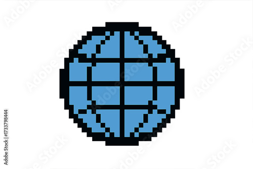 Pixel art globe icon. 8-bit world symbol. Retro video game earth sprite. Digital global network connection concept. Planet communication technology. Vintage gamer graphic element.