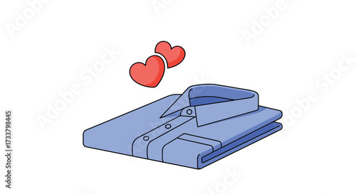 A neatly folded blue button-down shirt with two red hearts floating above.