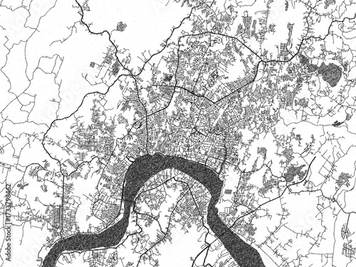 Black and white cartographic illustration of Samarinda, Indonesia, in hand-drawn sketch form.