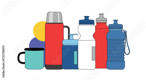A collection of reusable containers for beverages and food storage for outdoor activities.
