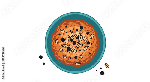 A delectable overhead view of a warmly baked cookie dotted with chocolate chips and crunchy nuts.