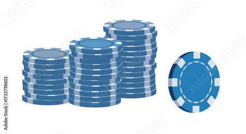 Stacks of blue casino poker chips used for gambling and gaming.