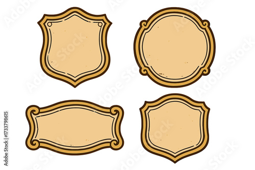 Set of vintage frames and labels with old paper texture. Retro decorative empty badges and borders collection. Classic ornate sign, shield, emblem for logo or certificate design.