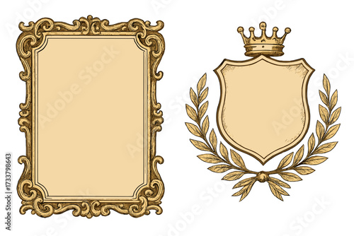 Set of vintage decorative elements. Ornate retro frame and royal coat of arms with crown and laurel wreath. Heraldic shield emblem for certificate or diploma. Hand drawn vector.