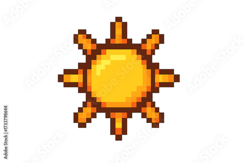 Pixel art sun icon. 8-bit retro video game sprite. Summer sunshine graphic. Weather forecast symbol. Hot yellow star illustration. Digital asset for arcade game design vector.