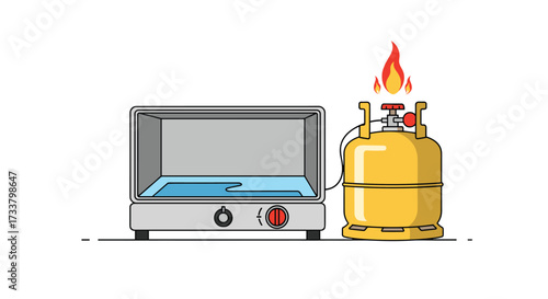 A gas stove with a flame and a propane tank is shown in a simple illustration.
