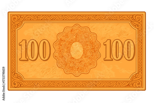 Voucher template banknote 100. Guilloche pattern money design. Orange gift voucher or coupon background. Secure currency note with border and watermark. Financial certificate.