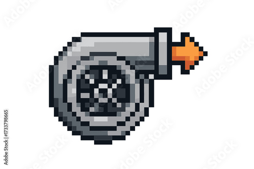 Turbocharger pixel art vector icon. 8-bit retro gaming asset. Car engine part for boost, speed, and power. Automotive tuning and racing performance concept illustration.