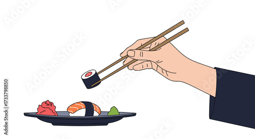 Enjoying a delicious piece of sushi with chopsticks from a plate of fresh Japanese food.