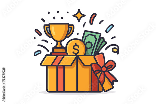 Gift box with prizes exploding. Surprise reward for contest winner. Vector icon for promotion, marketing, giveaway. Trophy, money, and confetti. Loyalty program bonus concept.
