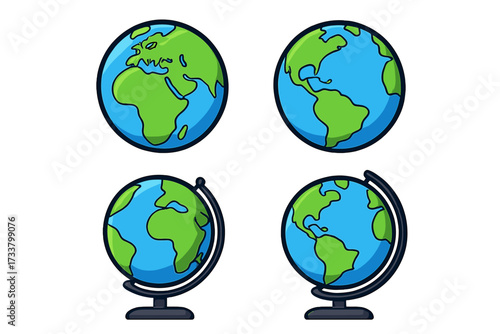 Globe icon set. Earth planet symbol collection. World map vector illustration. Cartoon geography globes showing different continents, America, Europe, Africa. International travel concept.