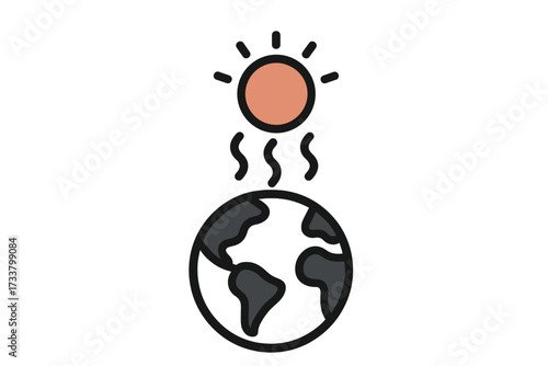 Global warming line icon. Climate change concept. Planet earth heating from sun's radiation. Greenhouse effect symbol. Environmental issue, ecological disaster vector logo.