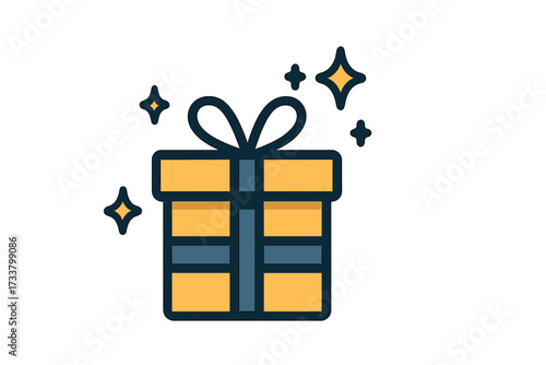 Vector gift box icon. Flat design present with sparkles. For birthday, christmas, promotions, contests. Concept for marketing, loyalty program, surprise, prize, bonus, reward.