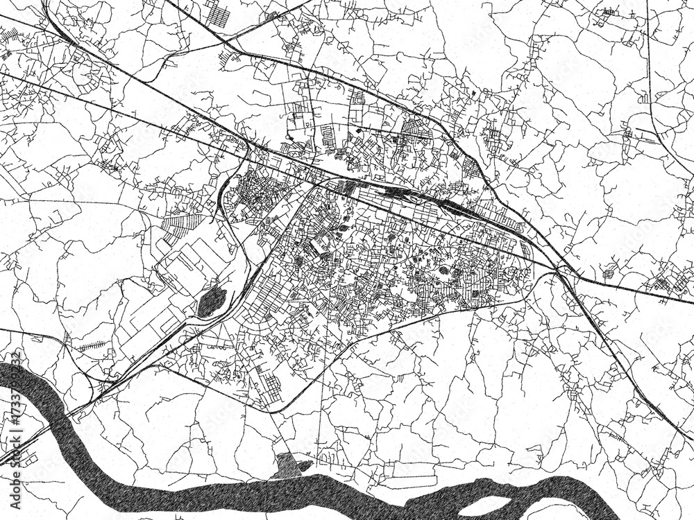 Naklejka premium Hand-drawn style black and white city map of Asansol, India, with detailed streets and textures.