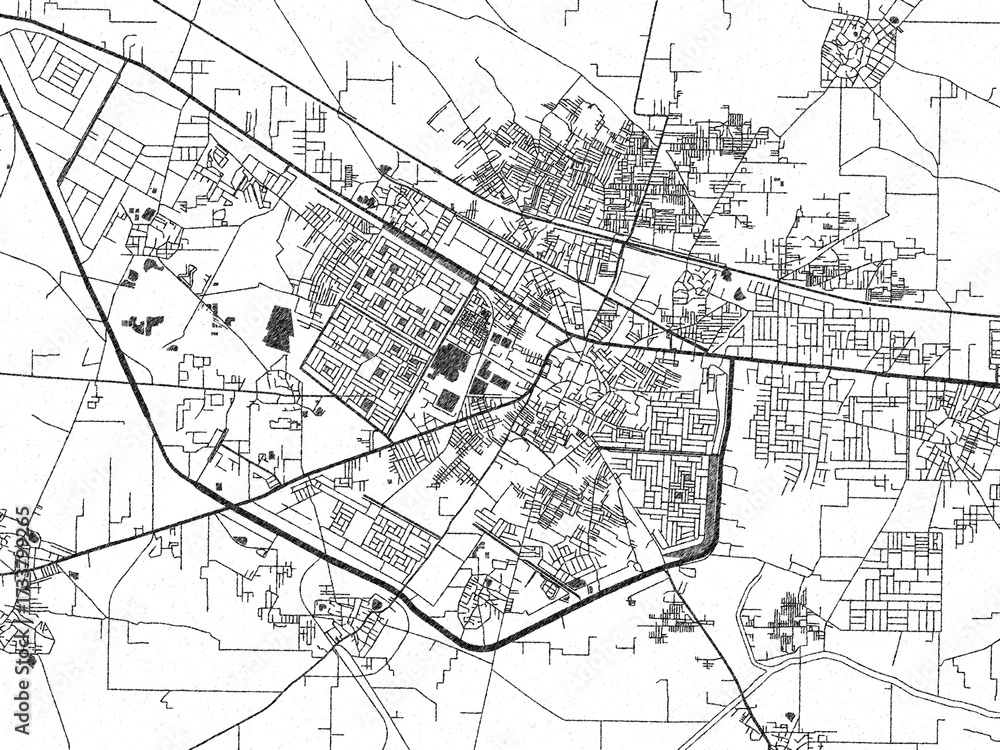 Naklejka premium Artistic monochrome city map of Bahadurgarh, India, created in a hand-drawn style.