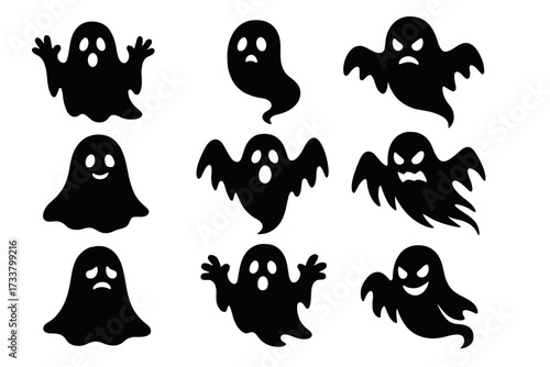 Halloween ghost silhouette icon set. Spooky and cute cartoon ghost characters with different emotions. Sad, happy, angry and scary monster phantom spirit vector collection.