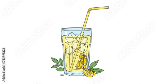 Refreshing glass of lemonade with ice and mint leaves on a white background.