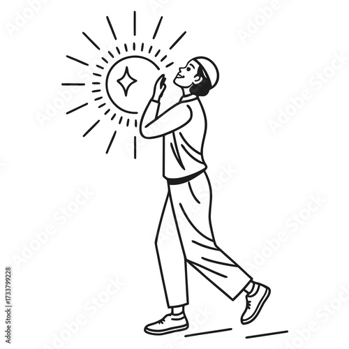 A person wearing a kufi cap looks up with hands clasped in prayer towards a radiant star symbol