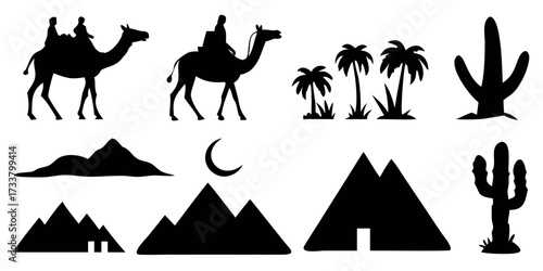 Desert landscape silhouette vector with camels pyramids palm trees and cactus design illustration clip art