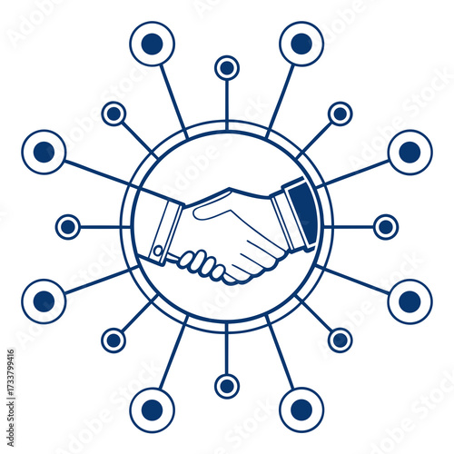 Business handshake icon symbolizing partnership and network connections with surrounding nodes