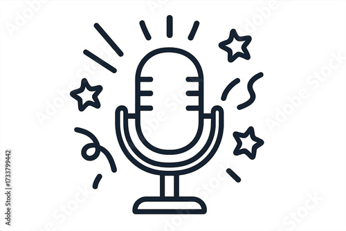Microphone icon for podcast and radio. Vintage mic for stand up comedy show or music performance. Karaoke party symbol. Broadcast audio equipment vector illustration line art.