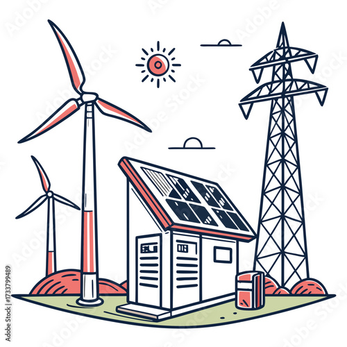 Clean energy landscape with wind turbines solar panels and a power transmission tower under a sunny sky