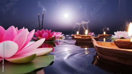 Floating lotus flowers and candles on water under a full moon with incense smoke.