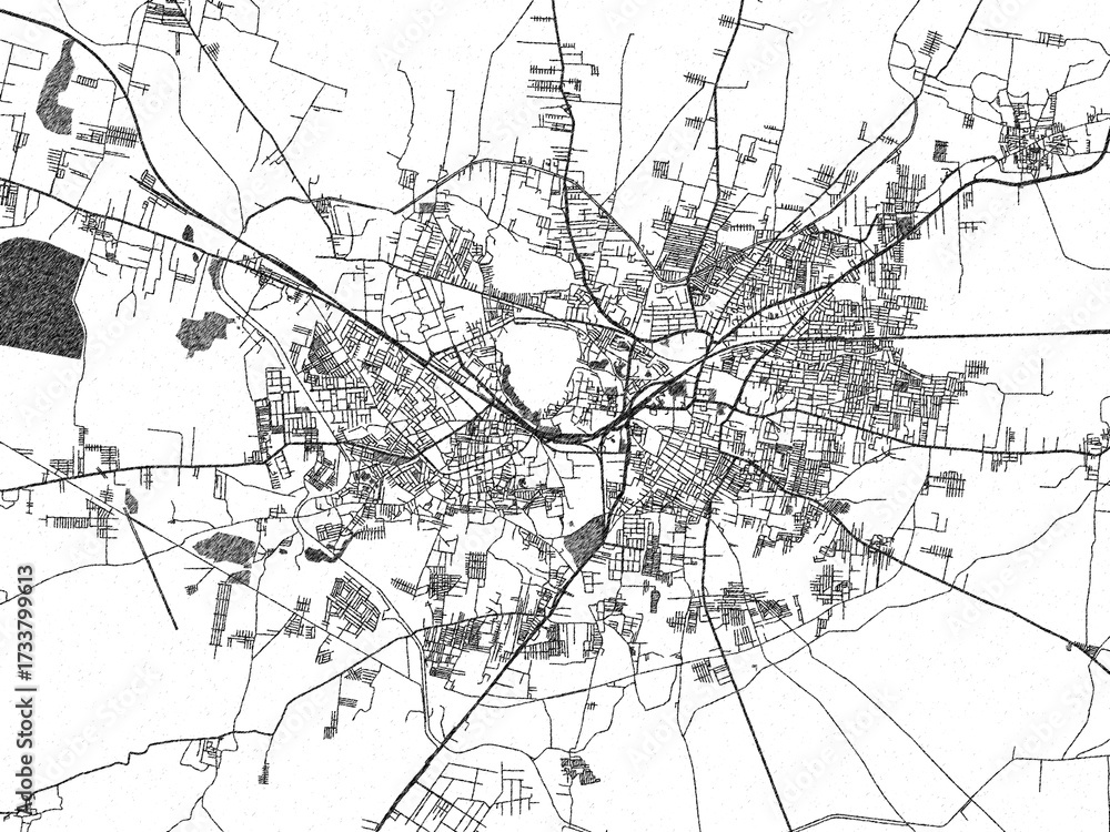Naklejka premium Decorative black and white map of Bellary, India, rendered in sketch-like style.