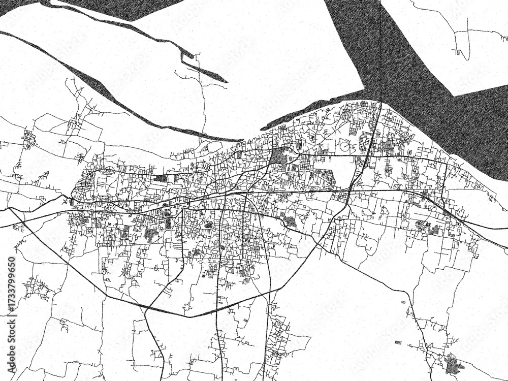 Fototapeta premium Black and white cartographic illustration of Bhagalpur, India, in hand-drawn sketch form.