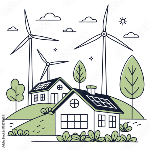 Eco friendly houses with solar panels and wind turbines providing clean renewable energy