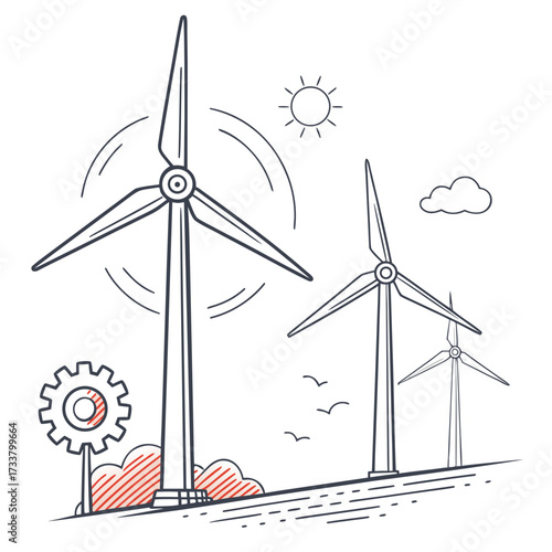 Drawn illustration of wind turbines generating clean energy under a sunny sky with clouds and birds
