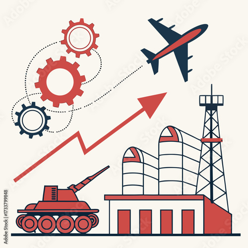 Industrial growth and technological advancement represented by gears airplane tank and factory with upward trending arrow