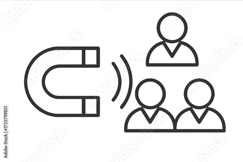Customer attraction magnet icon for lead generation and inbound marketing. Concept of attracting audience, clients, or followers. Influence and retention symbol for business. Vector line art.