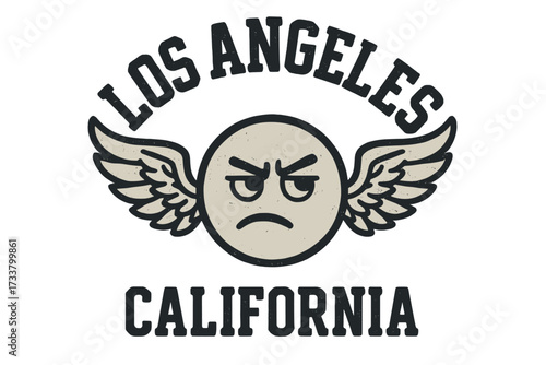 Los Angeles California, City of Angels slogan. Vintage college varsity typography. Angry emoji character with angel wings. Vector illustration for t-shirt fashion print design.