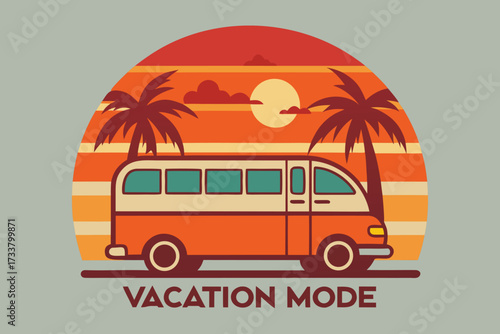 Retro Vacation Mode Van with Palm Trees, Sunset, and Stripes Illustration Design