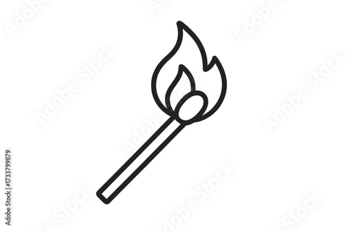 Matchstick burning with fire flame. Simple line icon. Vector outline symbol of ignition, heat, danger, energy, and idea. Minimalist cartoon illustration for web or app.
