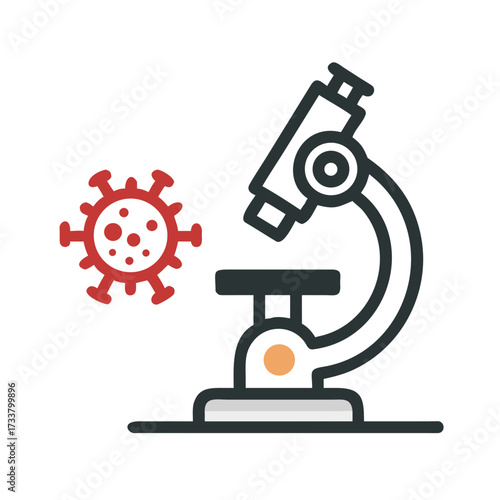 Microscope examining a red coronavirus particle on a black background scientific research concept