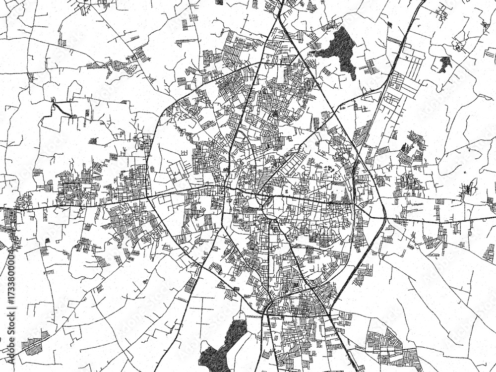 Fototapeta premium Stylized black and white urban map of Bijapur, India, hand-drawn style for decor and creative use.