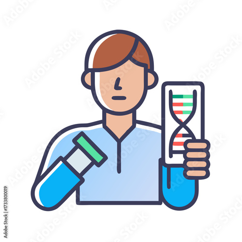 Scientist holding a test tube with dna helix and a sample vial in laboratory research