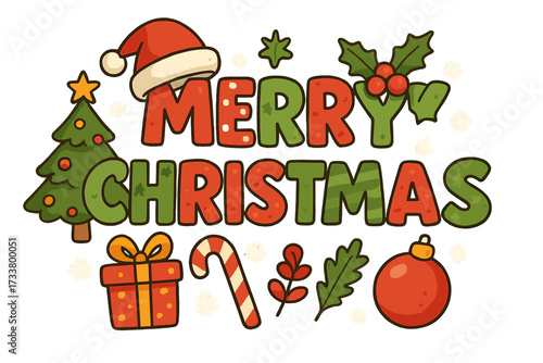 Cartoon Merry Christmas greeting banner. Vector holiday typography illustration set with isolated icons. Santa hat, Xmas tree, gift, candy cane, ornament for celebration.