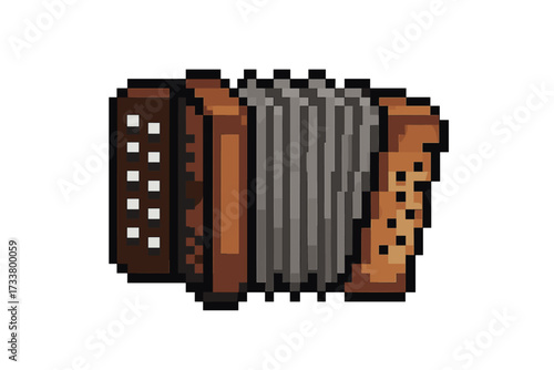 Accordion pixel art icon. 8-bit musical instrument for retro game. Folk music symbol. Vintage squeezebox graphic. Isolated brown bayan vector. Classic concertina illustration.