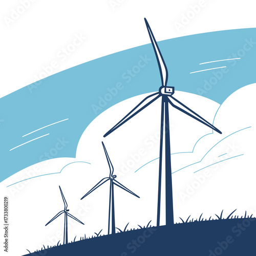 Stylized illustration of three wind turbines on a grassy hill under a blue sky with clouds and wind lines