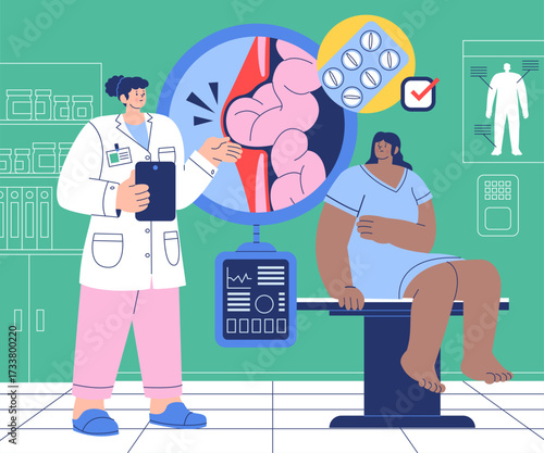 Flat Doctors Consulting Patients with Medical Anatomy Scanners and Healthcare Equipment