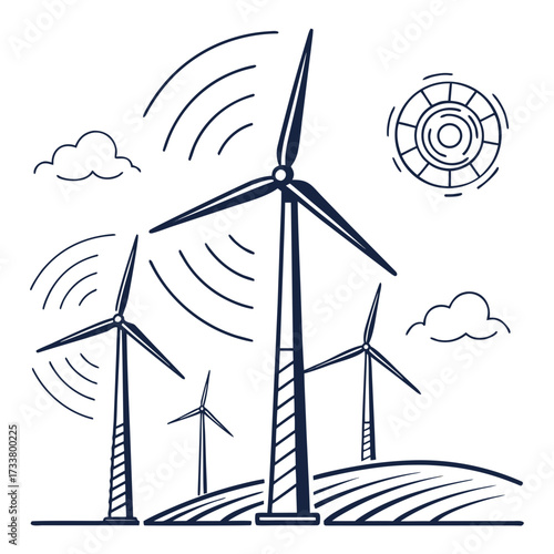 Stylized illustration of wind turbines generating clean energy on rolling hills under a sky with clouds and sun