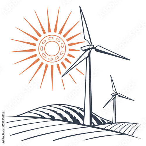 Stylized illustration of wind turbines and a sun over rolling hills and fields representing renewable energy