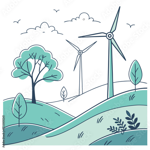 Stylized illustration of wind turbines on rolling green hills with trees and birds under a cloudy sky