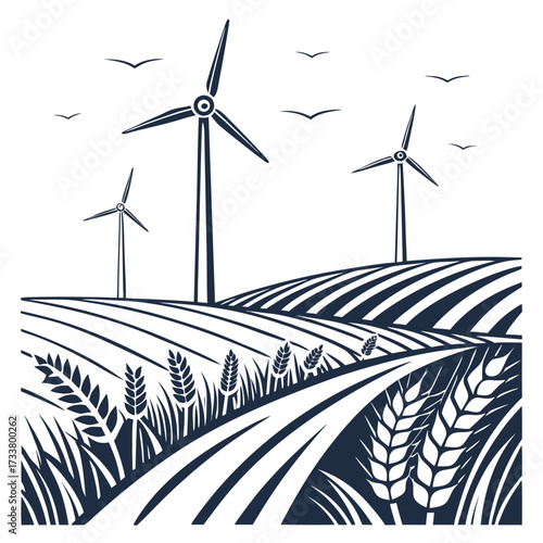 Stylized illustration of wind turbines in a field of wheat under a sky with birds