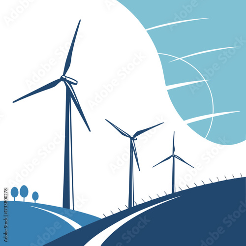 Stylized illustration of wind turbines on rolling hills under a bright blue sky with abstract sun rays